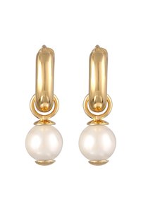 Boucles d'oreilles dorées ornées d'une perle blanche lisse et ronde maintenue par une boucle circulaire. La finition polie accentue la surface réfléchissante.