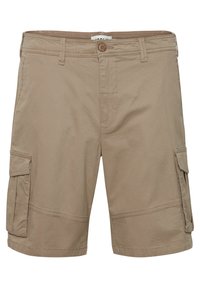 Beige színű cargo rövidnadrág tartós anyagból, két oldalsó zsebbel, gombos záródással és sík derékrésszel, amelyen övhurkok találhatók.