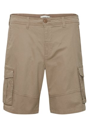 Bež kratke hlače iz trpežnega materiala, z dvema stranskima žepoma, gumbom za zapiranje in ravnim pasom z zankami za pas.