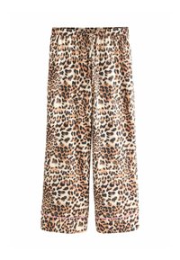 Wide-Leg-Hosen mit Leopardenmuster, elastischem Bund und Kordelzug. Sie bestehen aus einem weichen Stoff und haben einen kontrastierenden rosa Saum.