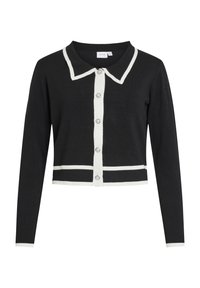 Svart stickad cardigan med en vit kontrasterande krage och knapplist. Har långa ärmar och horisontella vita ränder i nederkant.