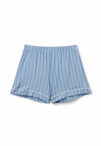 Lichtblauwe gestreepte pyjamashorts met een elastische tailleband, met dunne witte verticale strepen en een witte bies langs de zoom.