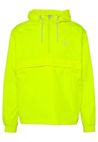 Neon gele pulloverjack met een capuchon, halve rits aan de voorkant, elastische manchetten en een logoprint op de borst. Gemaakt van lichtgewicht, ademend materiaal.