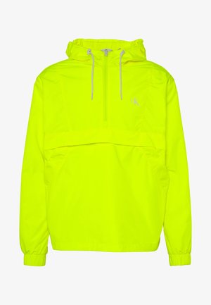 Neon gele pulloverjack met een capuchon, halve rits aan de voorkant, elastische manchetten en een logoprint op de borst. Gemaakt van lichtgewicht, ademend materiaal.