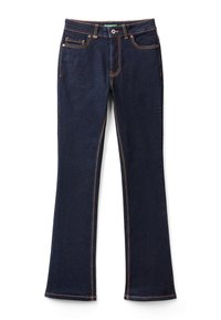 Jeans acampanados de mezclilla azul oscuro con costuras naranjas, bolsillos frontales y cierre de cremallera. La tela tiene una textura suave con un ligero estiramiento.