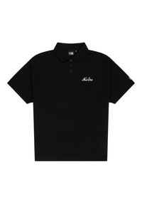 Black polo shirt made of cotton, featuring a three-button placket, short sleeves, and embroidered "New Era" logo on the chest.