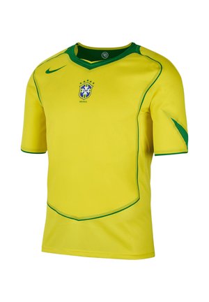 Gelbes kurzärmeliges Fußballtrikot mit grünen Akzenten, ausgestattet mit dem Logo der brasilianischen Nationalmannschaft auf der Brust und einem Rundhalsausschnitt.
