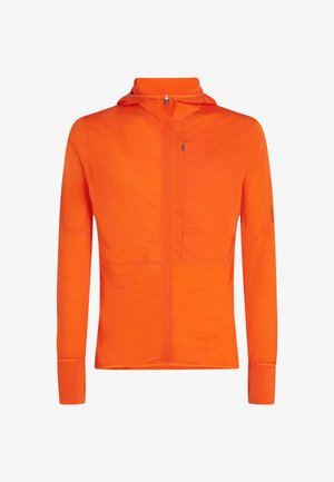 Oranssi kevyt takki pitkillä hihoilla, täydellä etuvetoketjulla, hupulla ja rintataskulla. Materiaali on sileä ja hieman textured.