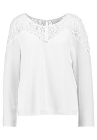 Blusa bianca con maniche lunghe, caratterizzata da un design in pizzo nella parte superiore. Tessuto liscio, scollatura a V e dettaglio a goccia sul retro. Stile semplice ed elegante.