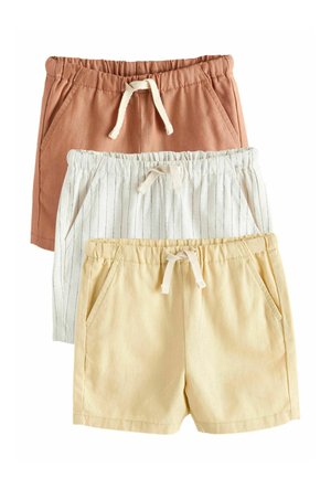 Drei Paar Kinder-Shorts mit elastischem Bund und Kordelzug, in Rostrot, Weiß mit dünnen Streifen und Hellgelb, übereinander gestapelt.