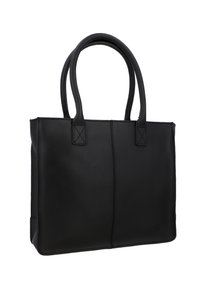 Borsa tote in pelle nera con due manici arrotondati, forma rettangolare, linee pulite e dettagli di cucitura visibili sul davanti.
