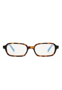 Ορθογώνια γυαλιά οράσεως με σκελετό από χελώνα, με διάφανα φακούς, που συνδυάζουν σκούρα καφέ και κεχριμπαρένια χρώματα.