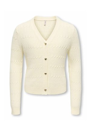 Cardigan tricoté couleur crème avec manches longues et boutons en forme de cœur sur le devant, présentant un motif en maille torsadée texturé.