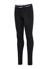 Schwarze sportliche Leggings mit elastischer Passform, einem mit Logo versehenen Taillenbund und glattem Stoff mit minimalen Nahtdetails.