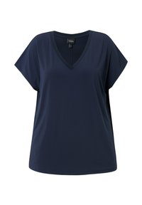Topp navy blue med V-hals laget av myk stoff, med korte ermer og en avslappet passform som har en subtil glans uten synlige mønstre eller aksenter.