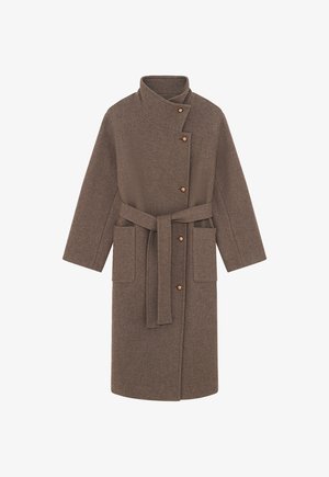 Brown wool coat with a high collar, button closure, and self-tie belt. Features two front pockets and a textured fabric.