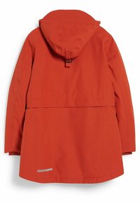 Feloranje waterdichte jas met verstelbare capuchon, lange mouwen en een reflecterend logo bij de onderste zoom, gezien vanaf de achterkant.