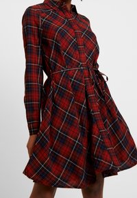 Punainen ja sininen ruudullinen mekko, jossa on pitkät hihat, kaulus ja vyö. Levittäytyvä hame kevyellä tekstuurilla ja napitus edessä.