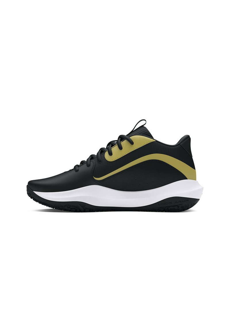 Black athletic shoe with a textured surface, gold accent along the side, white midsole, and black rubber outsole. Features round laces.