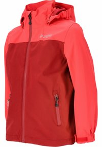 Rote und rosa wasserdichte Jacke mit Kapuze. Mit durchgehendem Reißverschluss, Seitentaschen und elastischen Bündchen. Logo auf der Brust.
