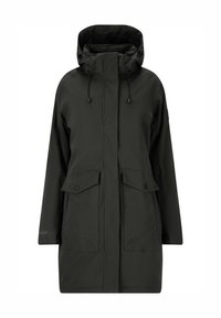 Donkergroene waterdichte parka met een trekkoordkap, ritssluiting en twee flapzakken aan de voorkant. Zachte structuur met minimale details.