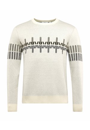 Světlé šedé texturované svetr s kulatým výstřihem a černým geometrickým vzorem na hrudi a rukávech. Hladké manžety a lem.