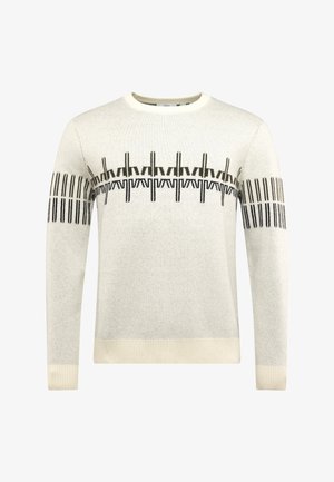 Světlé šedé texturované svetr s kulatým výstřihem a černým geometrickým vzorem na hrudi a rukávech. Hladké manžety a lem.