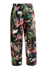 Bloemdruk wijde broek met een zwarte achtergrond, groene bladeren en roze bloemen, gemaakt van lichte stof.