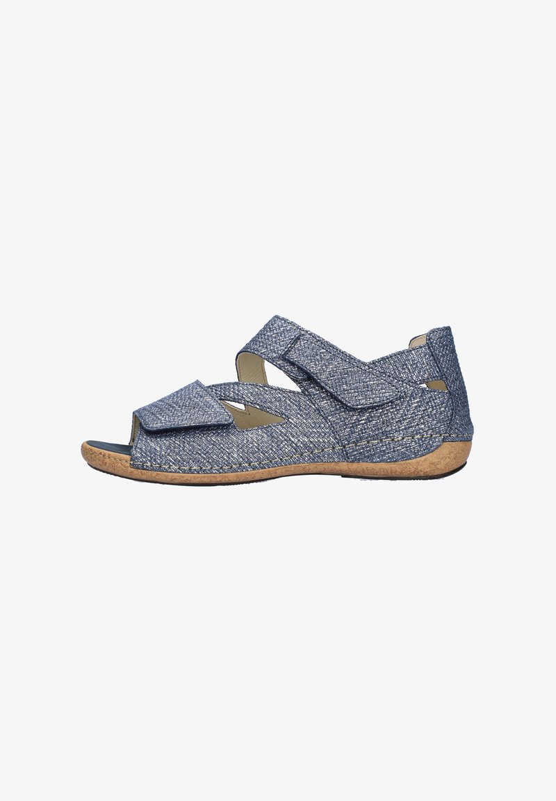 Blauwe textielen sandalen met klittenbandsluitingen, kurken zool, open teen en uitsnijdingen voor verbeterde ademend vermogen en comfort.