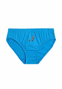 Blå bomuldsunderbukser med samlet elastisk talje og et trykt orange karakterdesign på fronten. Blød stoftekstur.