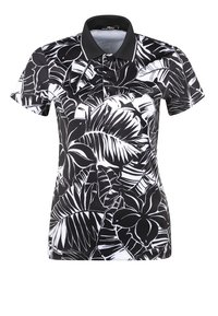 Černé polo tričko s krátkým rukávem, které má bílý tropický vzor listů, strukturovaný límec a tříknoflíkovou légu, vyrobené z hladké tkaniny.