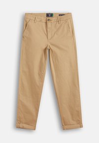 Chino kaki avec une coupe droite, fabriqué en coton. Comprend des poches avant, une fermeture à bouton et des ourlets retroussés pour un look décontracté.