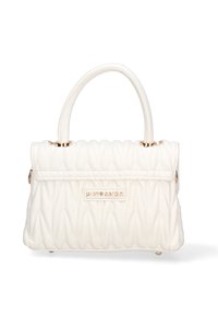 Borsa a tracolla bianca trapuntata con hardware dorato, caratterizzata da un design strutturato, manici rotondi e dettaglio del logo sul davanti.