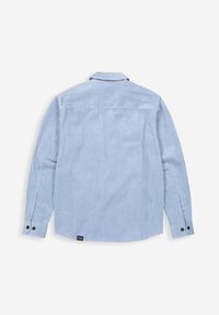 Light blue corduroy shirt with long sleeves, buttoned cuffs, vertical ribbed texture, and a fold-down collar. Features back yoke seam.