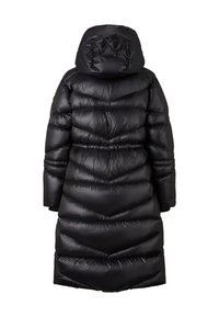 Black padded long coat with a hood, featuring vertical and chevron quilted patterns, made of glossy material with elastic cuffs.