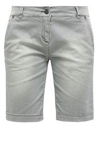 Shorts pour hommes gris clair longueur genou avec bouton sur le devant, fermeture éclair, passants de ceinture et poches latérales sur fond blanc.