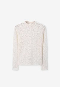 Langarm-Spitzenoberteil in Creme, mit Rundhalsausschnitt, floralem Muster und transparenter Textur. Keine sichtbaren Hardware-Elemente oder Akzente.