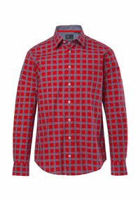 Camicia a quadri rossa a maniche lunghe con collo button-down, dettagli grigi e bottoni bianchi con una texture a strati.
