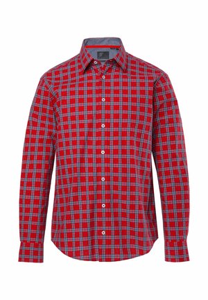 Rotes kariertes Langarmhemd mit Button-Down-Kragen, grauen Akzenten und weißen Knöpfen mit geschichteter Textur.