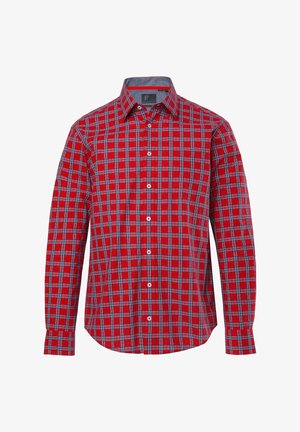Rotes kariertes Langarmhemd mit Button-Down-Kragen, grauen Akzenten und weißen Knöpfen mit geschichteter Textur.