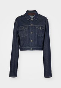 Kort mörkblå jeansjacka med knappstängning, två bröstfickor och klassisk krage. Har vit sömnad och långa ärmar.
