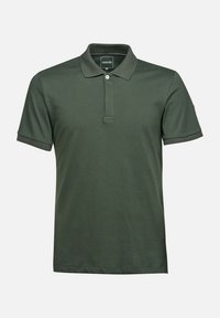 Polo verde oliva in cotone, caratterizzato da un colletto tradizionale, una patta con due bottoni e una finitura in contrasto sulle maniche.