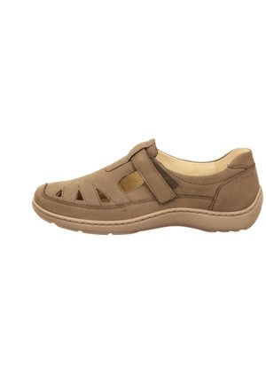Braune Wildlederschuhe mit Ausschnittdetails, elastischem Riemen und beiger Gummisohle. Runde Zehenpartie und gestickte Akzente entlang der Sohle.