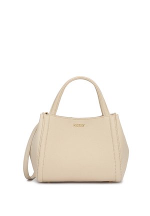 Beige leather handbag with double handles, a detachable shoulder strap, and a small gold "Kazar" logo on the front.