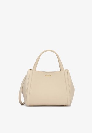 Beežist nahast käekott topeltkäepidemete, eemaldatava õlarihma ja esiküljel väikese kuldse "Kazar" logoga.