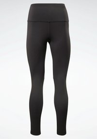 Svarta leggings med hög midja, tillverkade av ett elastiskt och slätt material. Har en figurnära design och sömlösa kanter för komfort.