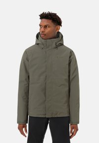 Olivgrüne wasserdichte Jacke mit hohem Kragen, verstellbarem Kapuzenmantel und nahtlosem Design. Verfügt über Vordertaschen und elastische Bündchen.