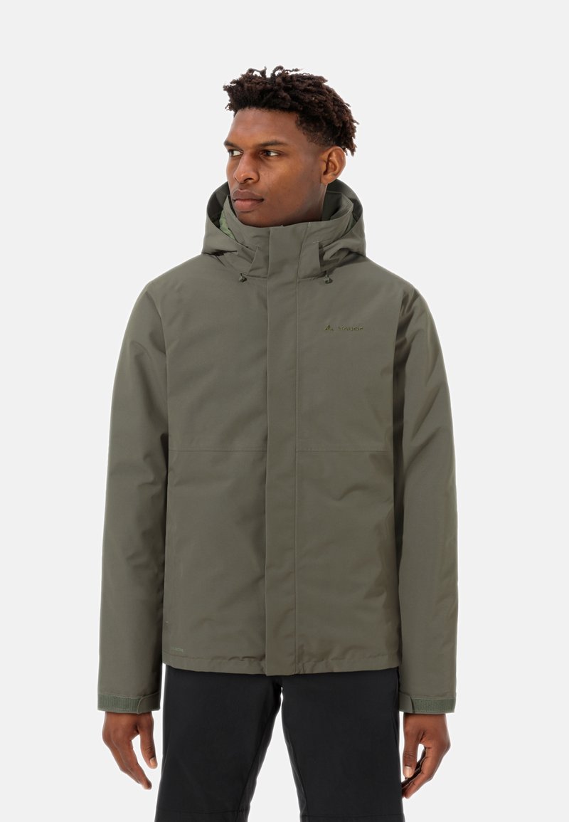 Olivgrüne wasserdichte Jacke mit hohem Kragen, verstellbarem Kapuzenmantel und nahtlosem Design. Verfügt über Vordertaschen und elastische Bündchen.