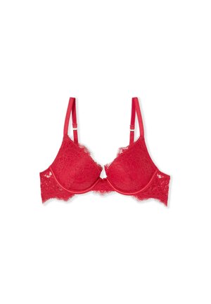 Reggiseno con ferretto in pizzo rosso, con spalline regolabili e motivi floreali, progettato per supporto e utilizzo decorativo.