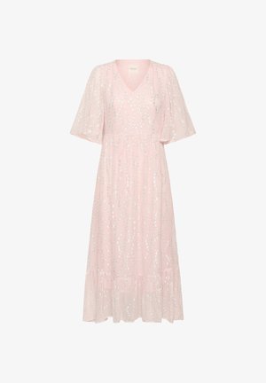 Rosa Midi-Kleid mit V-Ausschnitt, ausgestellten Ärmeln und Paillettenverzierung. Verfügt über einen gestuften Saum und ein leichtes, durchsichtiges Gewebe.